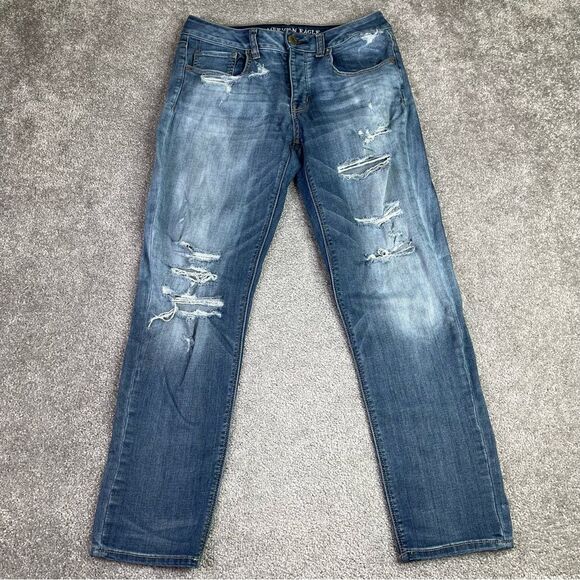 American Eagle Tomgirl Jeans Women's 4 Blue Straight Relaxed Mid-Rise Button Fly - Picture 1 of 13